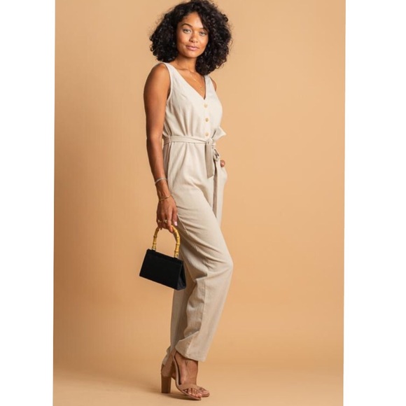 Tan button front jumpsuit - Picture 2 of 3